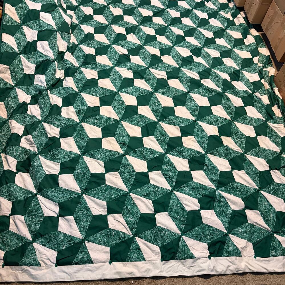 Vintage Handmade Patchwork Quilt Green White Pinwheel Geometric Full Queen 86x97